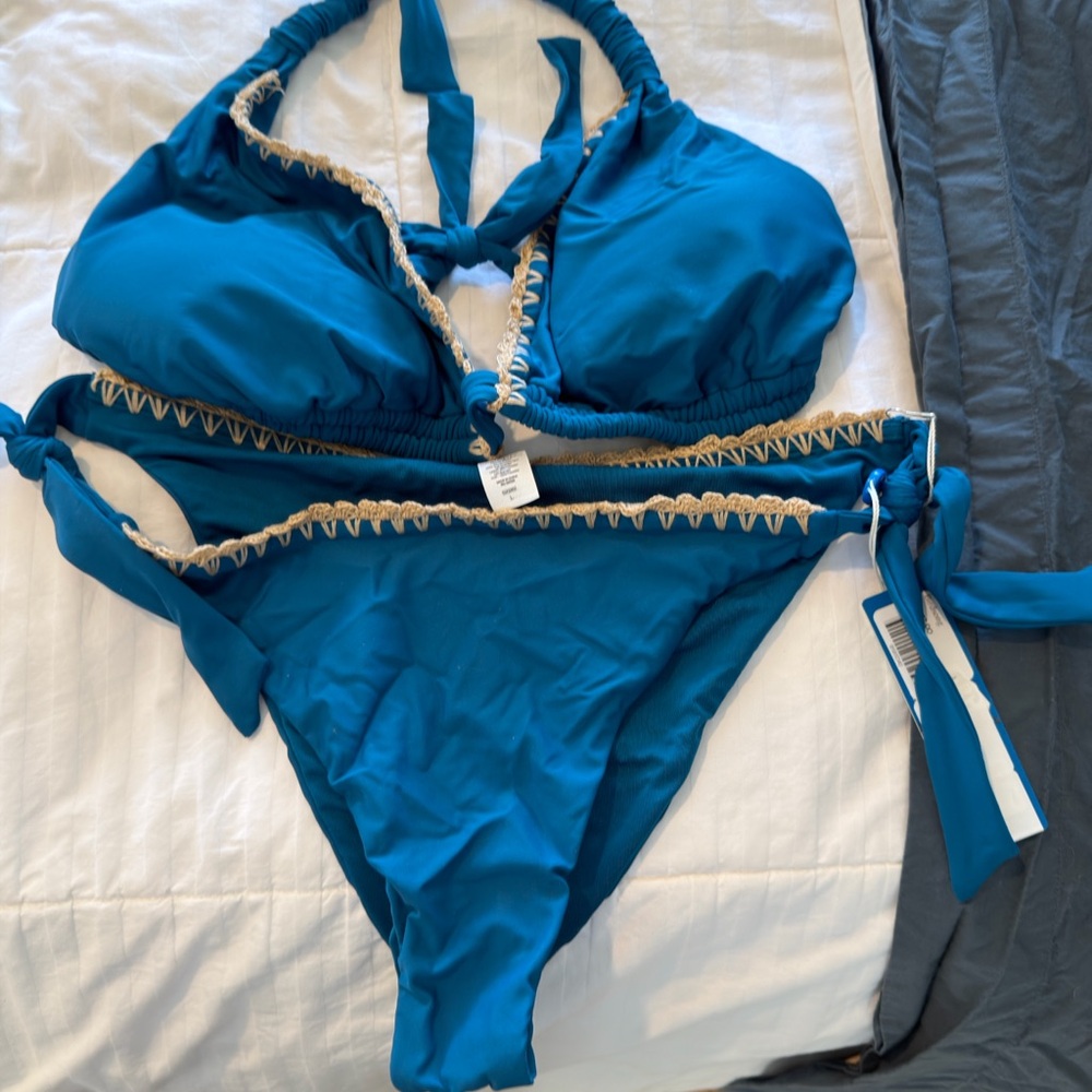 Blue Halter Bikini with Cream Trim